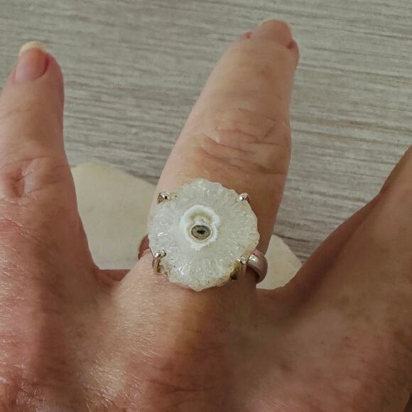 Natural Quartz Stalactite Slice 925 Sterling Silver Ring - Picture 1 of 5